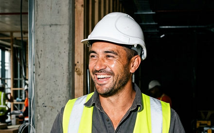 A builder in a white hard hat and high-visibility vest laughing, standing inside a building under construction.