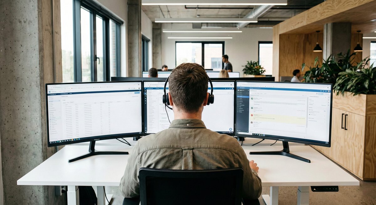 Support team member working at desk with multiple monitors